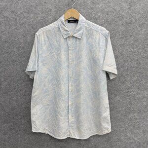 HEDGE Men's Short Sleeve Button Up Shirt M, Linen Blend Standard Fit Blue Floral